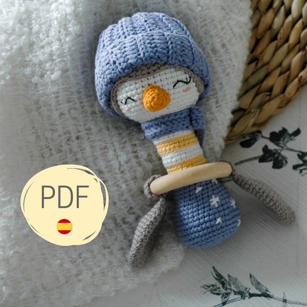 Sonajero pingüino, PDF tutorial, PATRÓN de crochet sonajero, juguete, patrón amigurumi, muñeco sonajero, muñeco bebes crochet