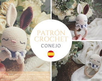 PATRÓN sonajero conejo, mordedor, PDF tutorial ESPAÑOL, Patrón de crochet sonajero,  juguete conejo patrón, patrón amigurumi sonajero