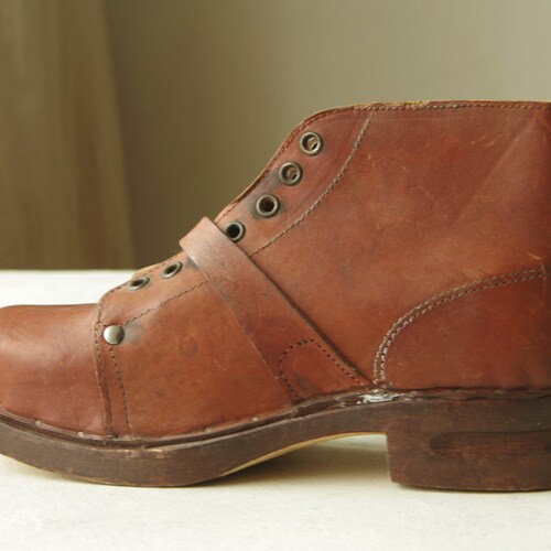Antique Handmade shops Leather Lace up Clog. Bottine with Wooden Soles.
