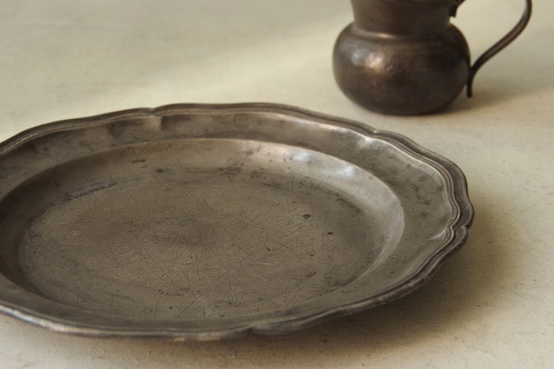 French Antique Weathered Patina Fluted Pewter Plate