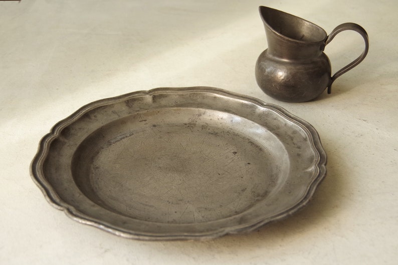 French Antique Weathered Patina Fluted Pewter Plate