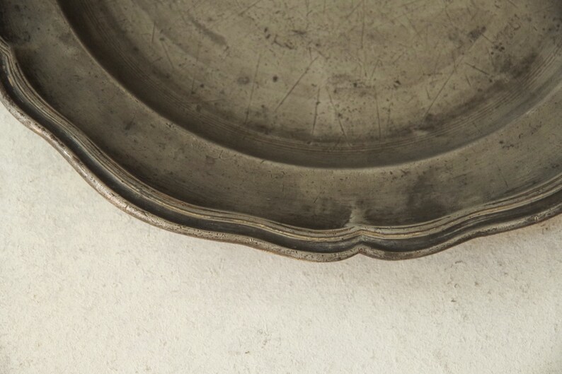 French Antique Weathered Patina Fluted Pewter Plate
