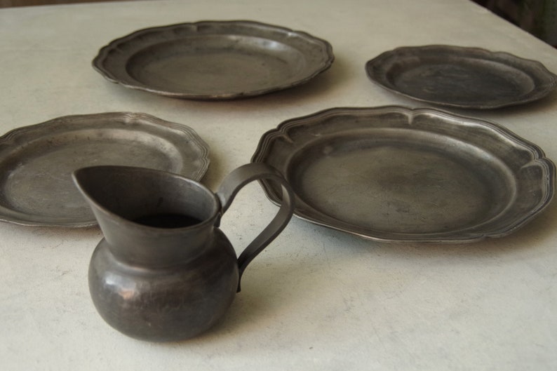 French Antique Weathered Patina Fluted Pewter Plate