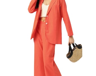 Chipbeys Femmes Orange Couleur coords ensemble 2 pièces Manteau avec Pantalon Manches Longues Matériel Coton Cou Col en V Moderne pour les Fonctions de Fête Événements