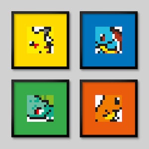 May include: Four framed pixel art prints of different Pokemon characters. The prints are in black frames and feature a yellow Pikachu, a blue Squirtle, a green Bulbasaur, and an orange Charmander.