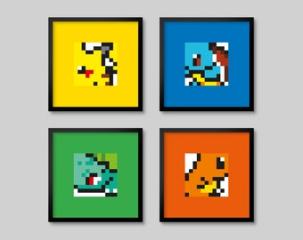 4 Pokemon Pixel 8bit Posters - Starters Set - Pikachu, Squirtle, Bulbasaur, Charmander