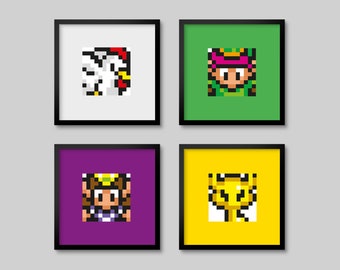 4 Legend of Zelda Pixel 8bit Posters - Link, Zelda, Chicken, Key