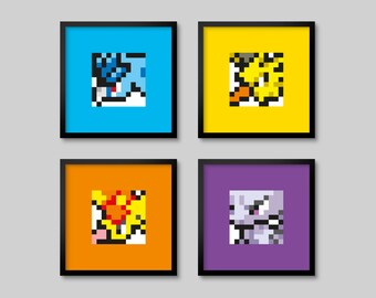 4 Pokemon Pixel 8bit Posters - Legendary Set - Articuno, Zapdos, Moltres, Mewtwo