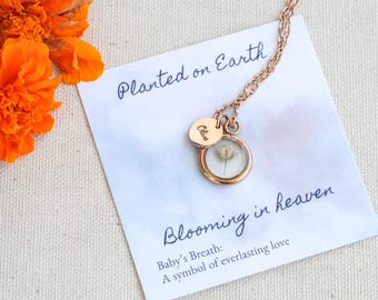 May include: A gold necklace with a small round pendant containing a dried baby's breath flower. The pendant is engraved with the name "Olive". The necklace is accompanied by a card that reads "Planted on Earth, Blooming in Heaven, Baby's Breath: A symbol of everlasting love."