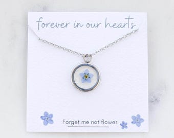 Forget Me Not Necklace: Real Flower Resin Pendant, Stainless Steel