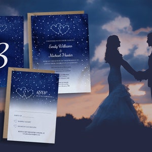 Night Sky Suite, Wedding RSVP Cards & Table Numbers Night Sky Invite Sky Invitation Starry Night Dark Blue Invite PRINT or DIGITAL image 1