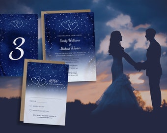 Night Sky Suite, Wedding RSVP Cards & Table Numbers | Night Sky Invite | Sky Invitation | Starry Night | Dark Blue Invite | PRINT or DIGITAL