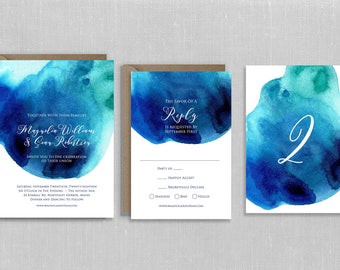 Dark Blue Watercolor Drop Wedding Invitation, RSVP Cards And Table Numbers | Invitation Suite | Tie Dye Invitation | PRINTED or DIGITAL