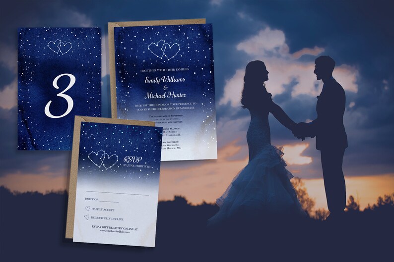 Night Sky Suite, Wedding RSVP Cards & Table Numbers Night Sky Invite Sky Invitation Starry Night Dark Blue Invite PRINT or DIGITAL image 1