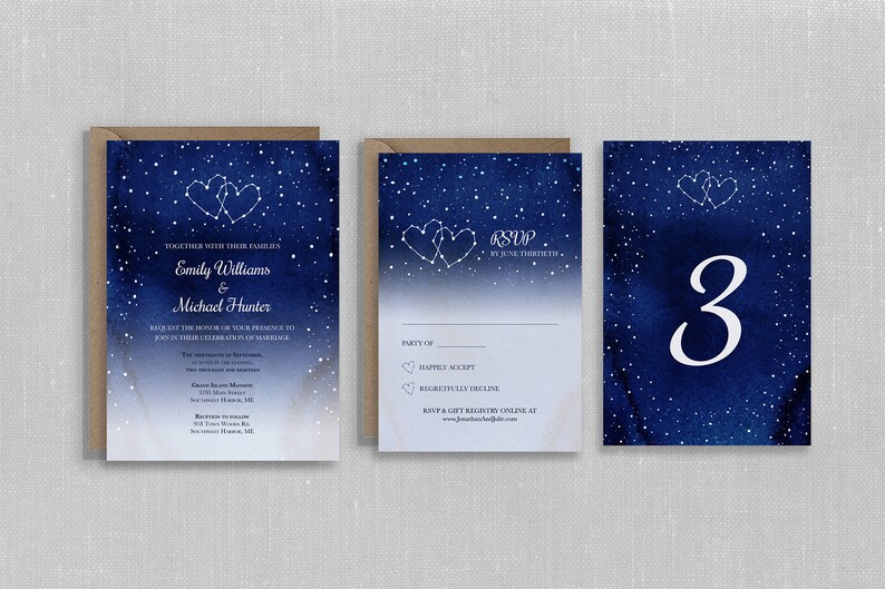 Night Sky Suite, Wedding RSVP Cards & Table Numbers Night Sky Invite Sky Invitation Starry Night Dark Blue Invite PRINT or DIGITAL image 2