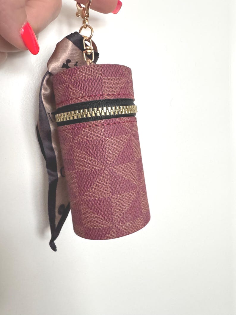 Accessory Keychain Handbag Charm, Luxury lipstick or Coin purse with scarf Dark Pink