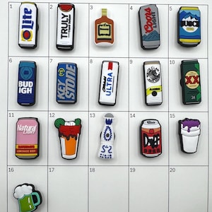 May include: A collection of colorful shoe charms featuring various beverage brands, including beer cans, liquor bottles, and a margarita glass. The charms are made of a durable material and are designed to be attached to shoes.