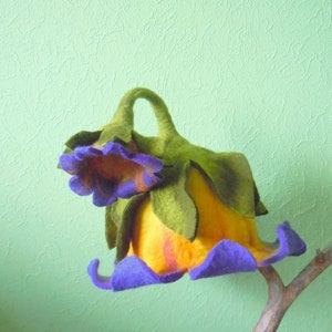 Beautiful yellow and purple bell shaped hat with a little flower at the end Flower hat Pixie hat Elf hat Fairy hat Felt wool hat