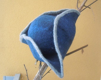 Pirate  triangle hat Dark blue wool felt hat with gray edge Pirate hat for men or women Winter hat Sauna hat