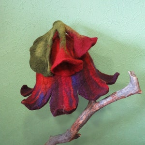 Dark red bell shaped hat with flowers and  leaf  Flower hat Pixie hat Elf hat felt hat Sauna hat