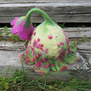 Beautiful pink floral bell shaped hat with a little flower at the end Flower hat Pixie hat Elf hat Fairy hat Felt wool hat