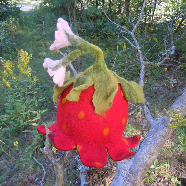 Beautiful bell shaped hat with a white flowers Red Flower hat Strawberry hat Childrens hat Pixie hat Elf hat