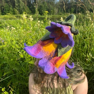 Bellflower Felt Hat – Sunset Colors Wool Fairy Hat – Pixie Elf Fantasy Hat – Handmade Sauna Hat – Festival Costume Hat