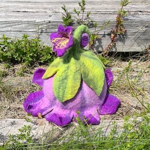 Bellflower Fairy Hat – Primrose Pink Purple Felted Wool Hat – Handmade Elf Hat – Festival, Sauna, Fantasy Style