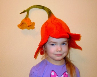 Beautiful  bell shaped hat with a little yellow flower at the end Flower hat Pixie hat Elf hat Felt hat