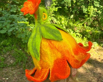 Beautiful bell shaped flower hat with rolled stem Pixie hat, Winter hat, Fairy hat, Theater hat, Womens hat, felt wool hat