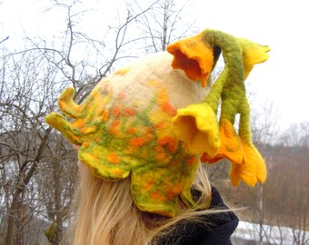 Yellow bellflower hat Floral Fantasy hat Pixie hat Fairy hat Theater hat