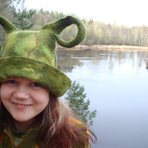 Green hat with horns  Winter warm wool hat Sauna hat Felt wool hat