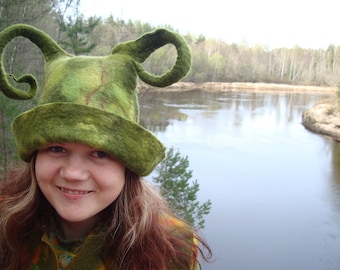 Green hat with horns  Winter warm wool hat Sauna hat Felt wool hat