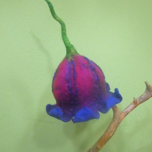 Könnte beinhalten: Eine violette und blaue Filzblume mit einem grünen Stiel, befestigt an einem braunen Zweig.