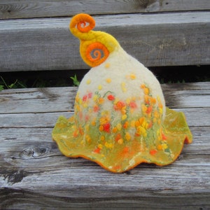 Yellow orange floral hat Felt wool hat Sauna hat Pixie hat Elf hat Gnome hat