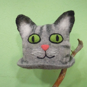 Gray cat hat Felt animal hat Green eyes Festival costume Winter warm wool hat Sauna hat Funny hat Cat costume hat