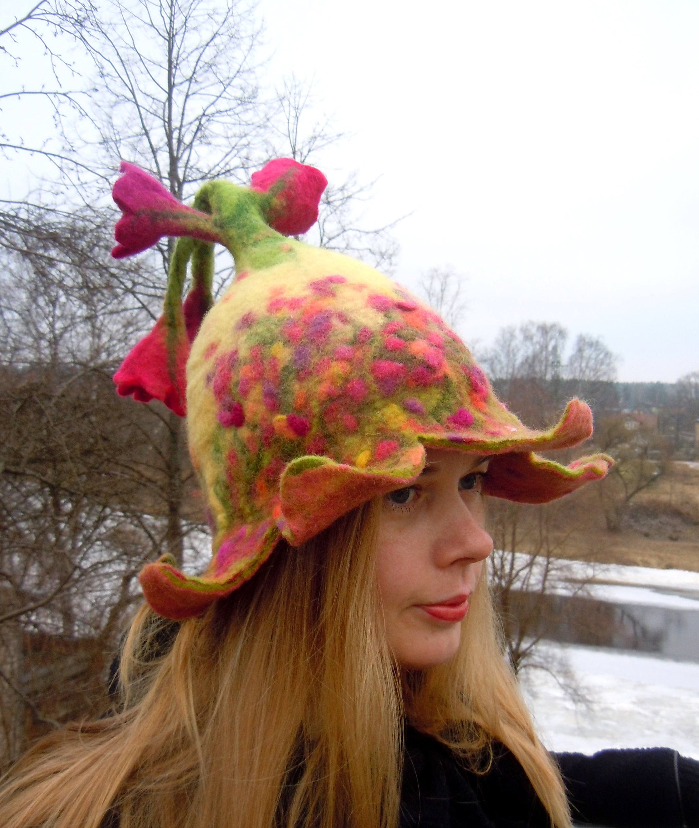 Beautiful Flower Hat Pink and Purple Flowers Pixie Hat Elf Hat Floral Party Hat Costume Hat Bellflowers Fancy