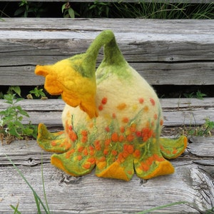 Yellow  orange floral bell shaped hat with a little flower at the end Flower hat Pixie hat Elf hat Fairy hat Felt wool hat