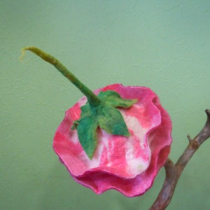 May include: A pink and white felt flower with a green stem. The flower is shaped like a rose and has a ruffled edge.