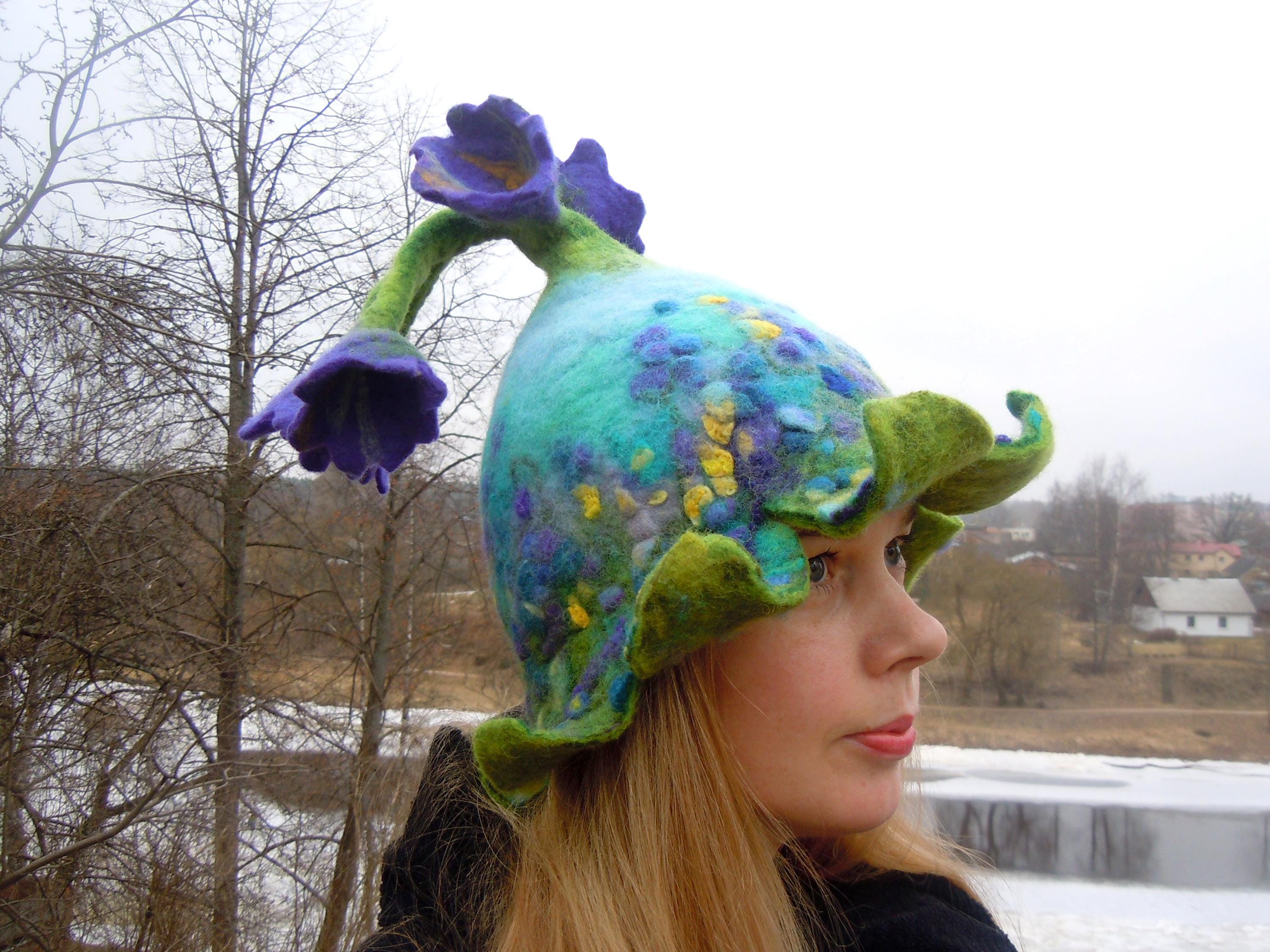 Blue Bellflower Fairy Hat – Felted Wool Pixie Hat with Purple Meadow Flowers – Fantasy Floral Hat – Handmade Theater or Costume Hat