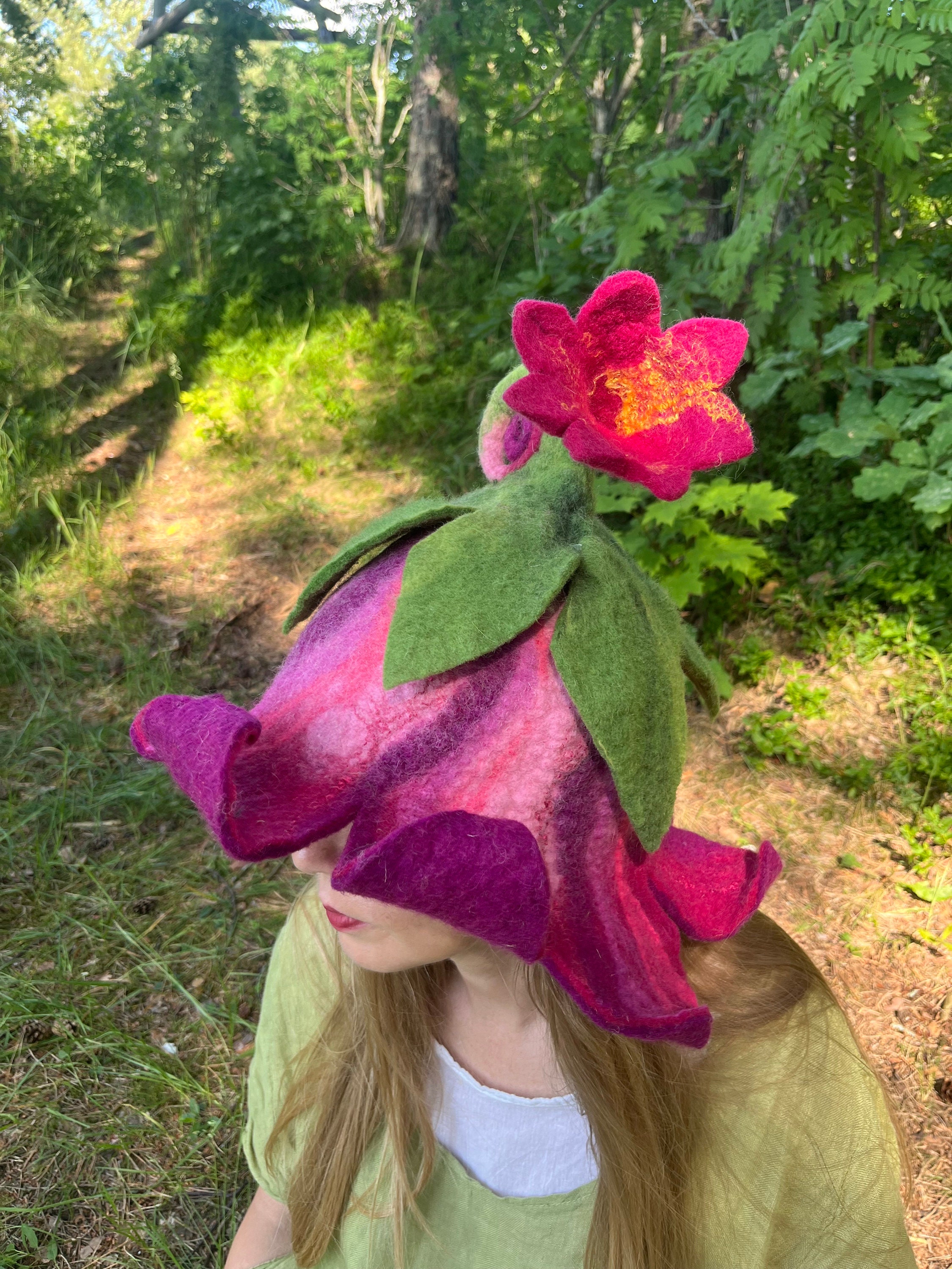Pink and Purple Bell Flower Hat With Rolled Stem Pixie Hat  display picture 3