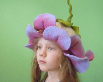 Beautiful pink purple lavender pastel color flower hat Fairy hat Pixie hat Fantasy costume hat Winter hat Fairy hat Wearable art Felt hat