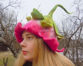 Beautiful bell shaped hat  Pink bell Flower hat Pixie hat Elf hat  Funny hat Winter hat  Felt wool hat Sauna hat