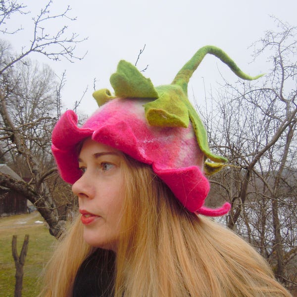 Beautiful bell shaped hat  Pink bell Flower hat Pixie hat Elf hat  Funny hat Winter hat  Felt wool hat Sauna hat