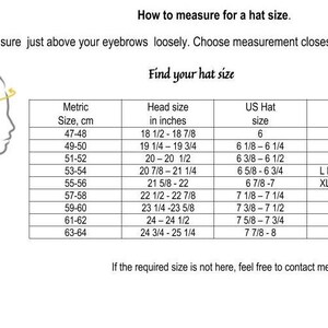 May include: A chart showing how to measure for a hat size. The chart includes measurements in inches and centimeters, as well as corresponding US hat sizes and generic hat sizes. The chart also includes a diagram showing how to measure your head for a hat.