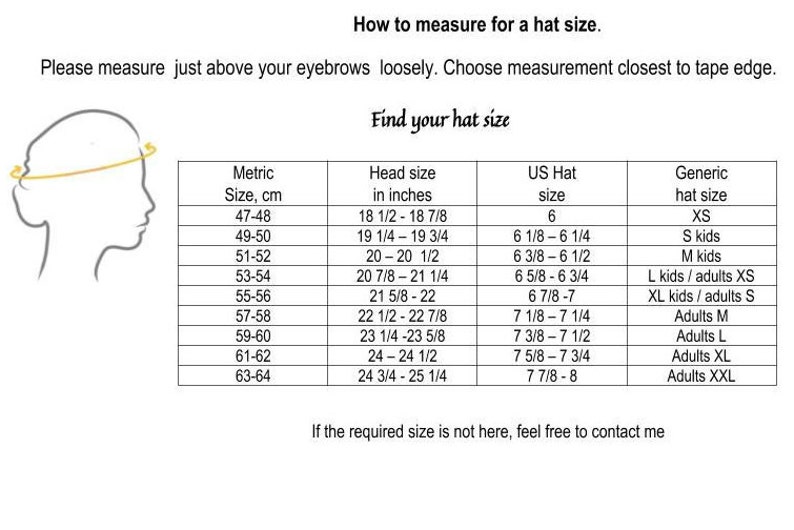 May include: A chart showing how to measure for a hat size. The chart includes measurements in inches and centimeters, as well as corresponding US hat sizes and generic hat sizes. The chart also includes a diagram showing how to measure your head for a hat.