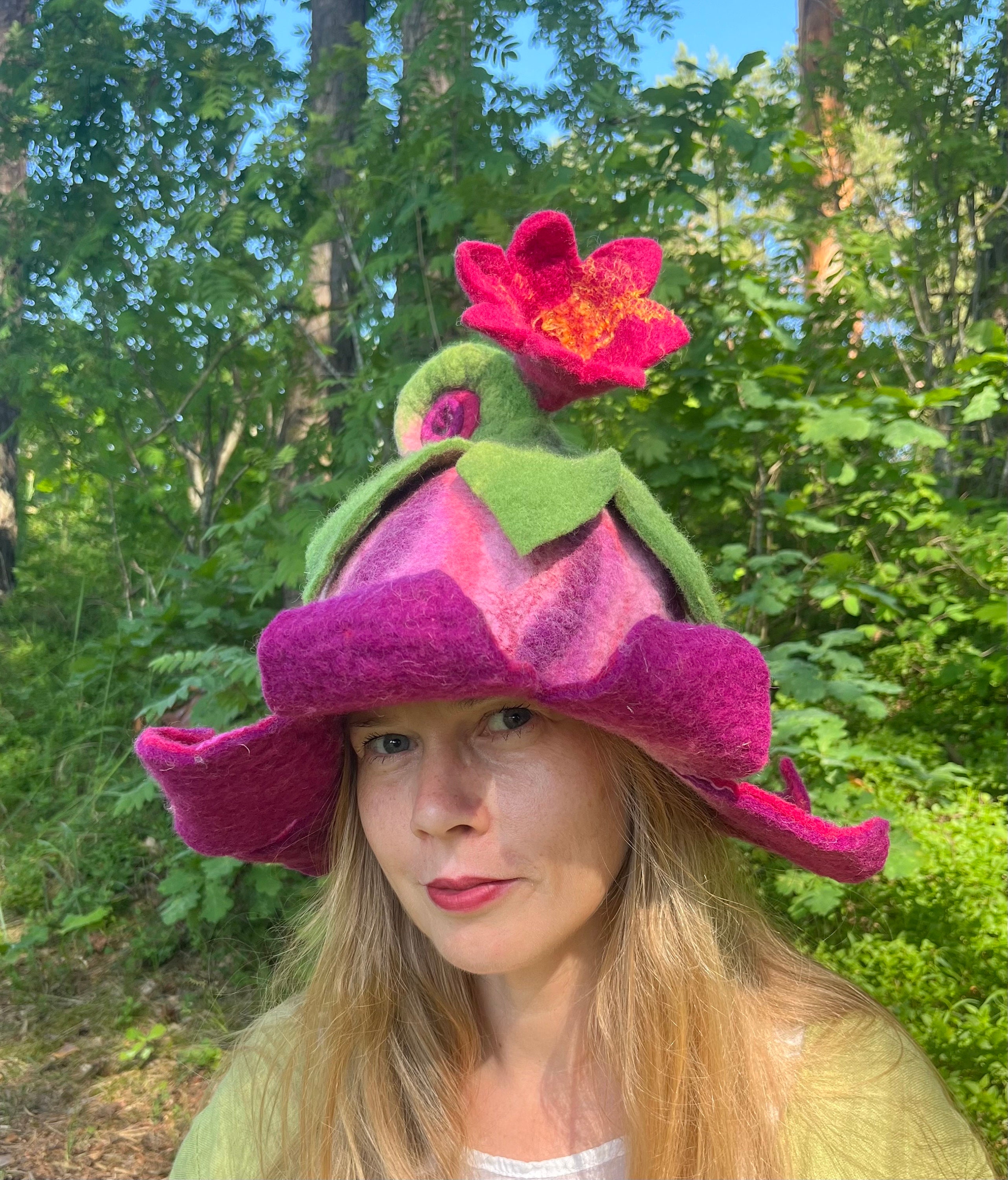 Whimsical hand felted fairy hat originally bought from Poland for $138.20 Beautiful Red and Dark Red Bell Flower Hat With Rolled Stem  main image 2