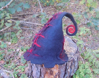 Witch  hat wizard magic hat Black and Red Witch costume Magic mystery hat  Pixie elf gnome hat Felt hat