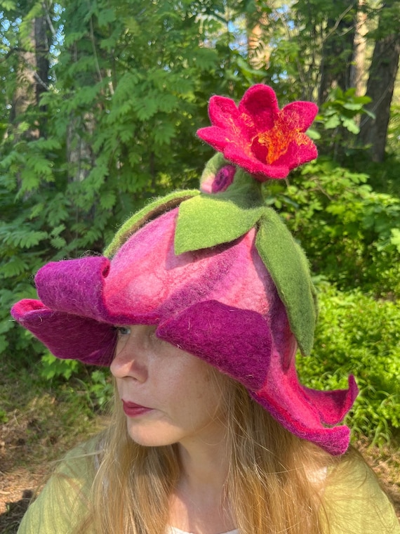 Women’s handmade Wide Brim Floral Accent Pink Felt Hat Flower Sauna Hat for Woman, Felted Wool Hat, Pixie Hat, Elf  main image 3