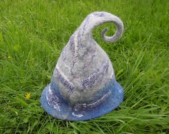 Gray and blue elf hat Witch hat wizard magic hat Christmas gnome hat Magic mystery hat  Pixie hat Sauna hat Felt wool hat